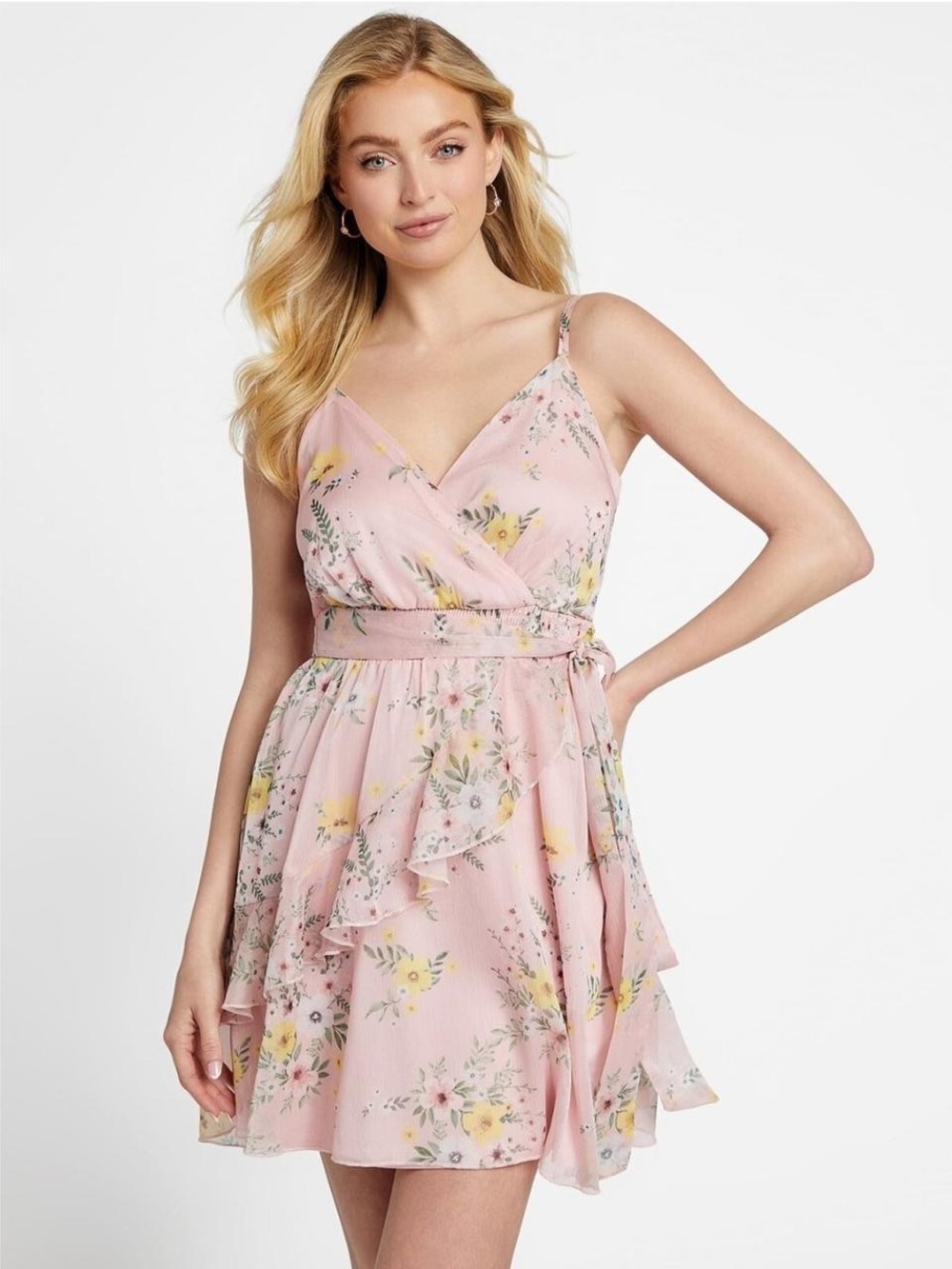 Guess Pink Floral Wrap Mini Dress